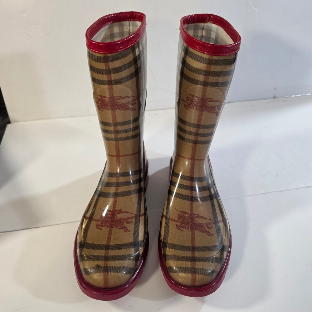 Burberry Haymarket Check Rain Boots Red Trim Rubber Wellies Mid Calf US 10 EU 40